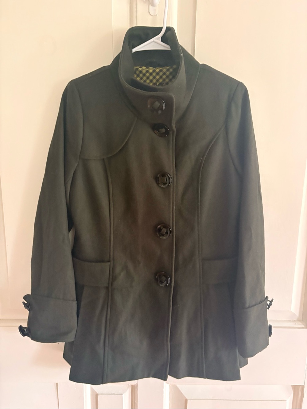 Steve Madden Women’s Medium Olive Green Wool Blend Funnel Neck Pea Coat Jacket